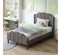 boorbin Cama tapizada de 90 x 200 cm, marco de cama infantil con cabecero, reposapiés y somier, terciopelo rosa acolchado, cama doble juvenil, cama de invitados (gris)