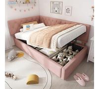 boorbin Cama tapizada de día 90 x 200 cm, sofá cama con almacenamiento hidráulico, cama infantil con somier de madera, terciopelo (rosa)