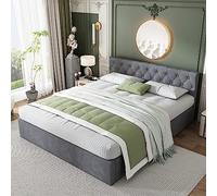 boorbin Cama tapizada de terciopelo, cabecero abotonado, cama doble, cama hidráulica con almacenamiento, somier de láminas, gris (140 x 200 cm)