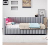 boorbin Cama tapizada de terciopelo tapizada con luz LED y puerto de carga USB, con respaldo, cabecero y marco de cama estable, 140 x 200 cm (gris, 140 x 200 cm)