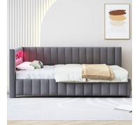 boorbin Cama tapizada de terciopelo tapizada con luz LED y puerto de carga USB, con respaldo, cabecero y marco de cama estable, 140 x 200 cm (gris oscuro, 140 x 200 cm)