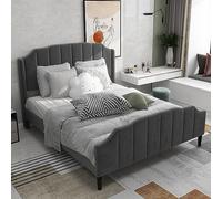 boorbin Cama tapizada, estructura de cama con cabecero, reposapiés y somier de láminas de terciopelo acolchado, cama de matrimonio, cama de invitados, 140 x 200 cm (gris)