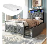 boorbin Cama tapizada individual con carga USB tipo C, función de carga por APP-Control LED, estructura de cama de metal de 90 × 200 cm y 2 cajones, terciopelo (gris con colchón)