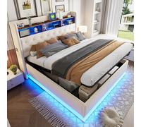boorbin Cama tapizada LED, cama acolchada con espacio de almacenamiento USB y espacio de almacenamiento hidráulico, tela de lino agradable a la piel (beige, 180 x 200 cm)