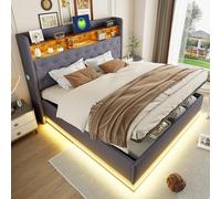 boorbin Cama tapizada LED, cama acolchada con espacio de almacenamiento USB y espacio de almacenamiento hidráulico, tela de lino agradable a la piel (gris, 180 x 200 cm)