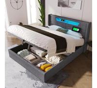 boorbin Cama tapizada LED para cama doble con función de carga USB tipo C y iluminación LED, espacio de almacenamiento, estructura de cama de lino de 160 x 200 cm, con somier, sin colchón (gris)