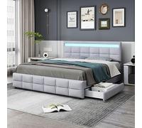boorbin Cama tapizada, marco de cama doble LED con 4 cajones, somier de láminas y respaldo, cama doble de terciopelo agradable para la piel, para adultos y jóvenes, 180 x 200 cm (gris)