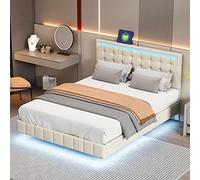 boorbin Cama tapizada, marco de cama flotante con luces LED y diseño de cabecero, cama doble de invitados en lino agradable al tacto, 140 x 200 cm (beige)