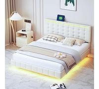 boorbin Cama tapizada, marco de cama flotante con luces LED y diseño de cabecero, cama doble de invitados en lino agradable al tacto, 160 x 200 cm (beige)