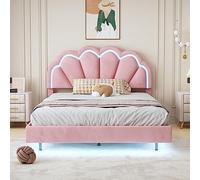 boorbin Cama tapizada, marco flotante acolchado con luces LED y diseño de cabecero, cama doble de invitados en tela de terciopelo agradable a la piel (140 x 200 cm, rosa)