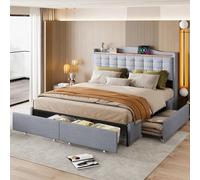 boorbin Cama tapizada, mesita de noche con puerto de carga USB y estante, cama doble plana con 4 cajones, tela de lino, 160 x 200 cm (gris)