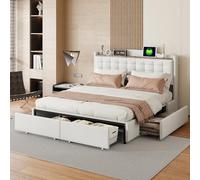 boorbin Cama tapizada, mesita de noche con puerto de carga USB y estante, cama doble plana con 4 cajones, tela de lino, 160 x 200 cm (beige)