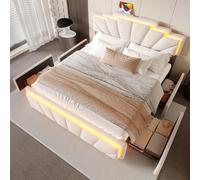 boorbin Cama tapizada moderna de 160 x 200 cm, diseño elegante con cabecero trapezoidal, barra de luz LED integrada y 2 ajustes de altura, conector USB Type-C (beige)