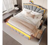 boorbin Cama tapizada moderna de 160 x 200 cm, diseño elegante con cabecero trapezoidal único, barra de luz LED integrada y 2 ajustes de altura, conector USB Type-C (gris oscuro)