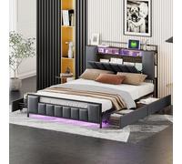 boorbin Cama tapizada multifunción con luz LED, con enchufe USB, con cajones, estructura de hierro macizo, cama juvenil, cama de adulto, cama doble, piel sintética (gris, 140 x 200 cm)