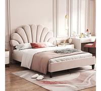 boorbin Cama tapizada para cama de matrimonio con cabecero de flores y somier de láminas, para adultos en tela aterciopelada agradable al tacto, 140 x 200 cm (beige)
