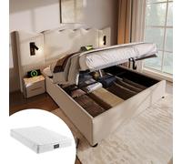 boorbin Cama tapizada para cama doble de 160 x 200 cm, con lámpara de lectura y función de carga USB Type-C, estructura de cama con somier de madera maciza y metal, lino (beige-con colchón, 160 x 200