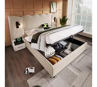 boorbin Cama tapizada para cama doble de 160 x 200 cm, con lámpara de lectura y función de carga USB Type-C, estructura de cama con somier de madera maciza y metal, lino (beige-sin colchón, 160 x 200