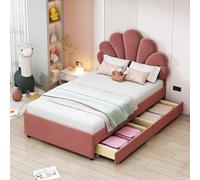 boorbin Cama tapizada para cama infantil, con cabecero de flores y somier de láminas, con 2 estantes, cama de invitados de terciopelo agradable al tacto, 90 x 200 cm (rosa)