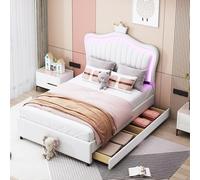 boorbin Cama tapizada para cama infantil, con estructura de piel sintética, con cajones, luces LED, somier de láminas y respaldo (rosa, 90 x 200 cm)