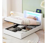 boorbin Cama tapizada para niños de 90 x 200 cm, con barra de luz LED, reproductor Bluetooth y carga USB, cama de almacenamiento de piel sintética, cama alta con somier (blanco)