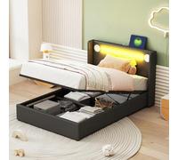 boorbin Cama tapizada para niños de 90 x 200 cm, con barra de luz LED, reproductor Bluetooth y carga USB, cama de almacenamiento de piel sintética, cama alta con somier (negro)