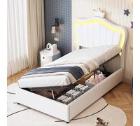 boorbin Cama tapizada para niños de 90 x 200 cm, con diseño de coronas, con iluminación LED, cama de almacenamiento hidráulico, cabecero regulable en altura, cama individual con somier, piel sintética