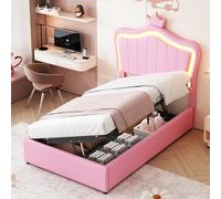 boorbin Cama tapizada para niños de 90 x 200 cm, con diseño de coronas, con iluminación LED, cama de almacenamiento hidráulico, cabecero regulable en altura, cama individual con somier, piel sintética