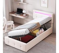 boorbin Cama tapizada para niños de 90 x 200 cm, con iluminación LED, cama de almacenamiento hidráulico, cabecero de altura regulable, cama individual de boxeo, tela de terciopelo (beige)
