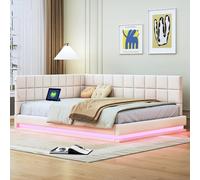 boorbin Cama tapizada para sofá cama, cama multifunción con tira de luz LED, enchufe USB y somier, tela aterciopelada agradable al tacto, 140 x 200 cm (beige)