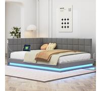 boorbin Cama tapizada para sofá cama, cama multifunción con tira de luz LED, enchufe USB y somier, tela aterciopelada agradable al tacto, 140 x 200 cm (gris)