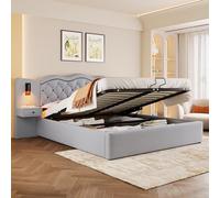 boorbin Cama tapizada, sin colchón, cama acolchada, cabecero integrado, mecanismo de elevación hidráulica, puerto USB, dos lámparas de noche, gran espacio de almacenamiento (gris, 160 x 200 cm)