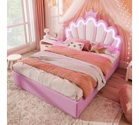 boorbin Cama tapizada, sin colchón, luz ambiental teledirigida, cama con 2 cajones, cama princesa en forma de corona, cabecero ajustable, PU (rosa, 140 x 200 cm)