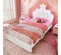 boorbin Cama tapizada, sin colchón, luz ambiental teledirigida, cama con 2 cajones, cama princesa en forma de corona, cabecero ajustable, PU (blanco, 90 x 200 cm)