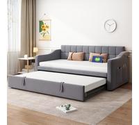 boorbin Cama tapizada sofá cama 2 en 1 multifunción, 90/180 cm, tela de terciopelo gris, cama tapizada con enchufe y bolsa de almacenamiento