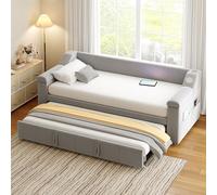 boorbin Cama tapizada sofá cama, 90/180 x 190 cm, reposabrazos anchos y gruesos, con sistema estéreo Bluetooth inteligente con puerto de carga USB, con compartimentos de almacenamiento, con somier