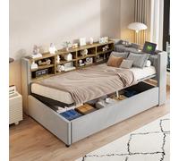 boorbin Cama tapizada sofá cama 90 x 200 cm, con espacio de almacenamiento hidráulico, con luz nocturna, puerto de carga USB y tipo C, con estantes y compartimentos de almacenamiento, cabecero, cama