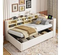 boorbin Cama tapizada sofá cama 90 x 200 cm, con espacio de almacenamiento hidráulico, con luz nocturna, puerto de carga USB y tipo C, con estantes y compartimentos de almacenamiento, cabecero, cama