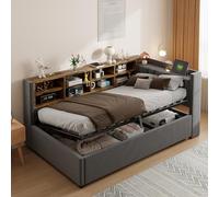 boorbin Cama tapizada sofá cama 90 x 200 cm, con espacio de almacenamiento hidráulico, con luz nocturna, puerto de carga USB y tipo C, con estantes y compartimentos de almacenamiento, cabecero, cama
