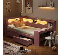 boorbin Cama tapizada sofá cama 90 x 200, marco de cama con puertos USB, cama de día con escritorio y 2 cajones, para dormitorio, salón y estudio, color rosa