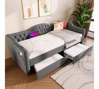 boorbin Cama tapizada, sofá cama, cama con función de carga USB tipo C y 2 cajones, 90 x 200 cm, terciopelo en terciopelo, sin colchón (gris)
