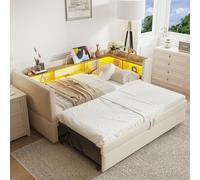 boorbin Cama tapizada sofá cama extensible 90/180 x 190 cm, equipada con luces LED, enchufes y muchos compartimentos, cama tapizada, sofá cama multifunción, cama individual (beige)
