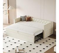 boorbin Cama tapizada Sofá cama extensible, 90 x 200 cm, forma completa clásica con botones, con somier, cama de invitados multifuncional, tela de terciopelo agradable a la piel (beige)