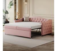 boorbin Cama tapizada Sofá Cama Extensible Con Conexión USB, Forma Clásica con Botones con Somier, Cama Multifuncional - Cama de invitados, Tela de Lino, 90 x 200 cm (Colchón No Incluido) (Rosa)
