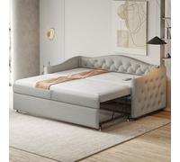 boorbin Cama tapizada Sofá Cama Extensible Con Conexión USB, Forma Clásica con Botones con Somier, Cama Multifuncional - Cama de invitados, Tela de Lino, 90 x 200 cm (Colchón No Incluido) (Gris)