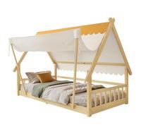 boorbin Camas de madera, cama infantil, cama individual, exquisito diseño de casa de madera, la tienda es extraíble, somieres estables, con barandillas de seguridad, pino + madera contrachapada