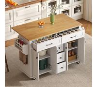 boorbin Carrito de cocina multifuncional con encimera plegable, 120 × 65 cm, ampliable, con 5 cajones, armarios, toalleros y especias (blanco)