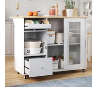 boorbin Carrito isleño de cocina plegable, chapa de roble, botellero, cajones, carrito grande con puertas correderas de vidrio templado y estantes ajustables, 112×46(69)×91cm (blanco)
