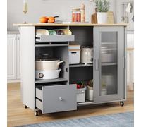 boorbin Carrito isleño de cocina plegable, chapa de roble, botellero, cajones, carrito grande con puertas correderas de vidrio templado y estantes ajustables, 112 × 46 (69)×91 cm (gris)