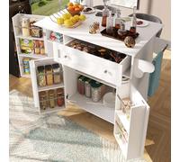 boorbin Carro de cocina extraíble con tablero plegable, puerta de armario con estante para aperitivos, divisores ajustables, 1 cajón, 4 ruedas (2 bloqueables), color blanco, 105,5 x 40-60 x 83 cm